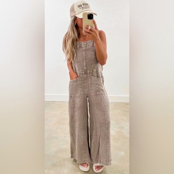 easel Pants - New! Easel Mushroom Washed Cotton Jumpsuit Overalls